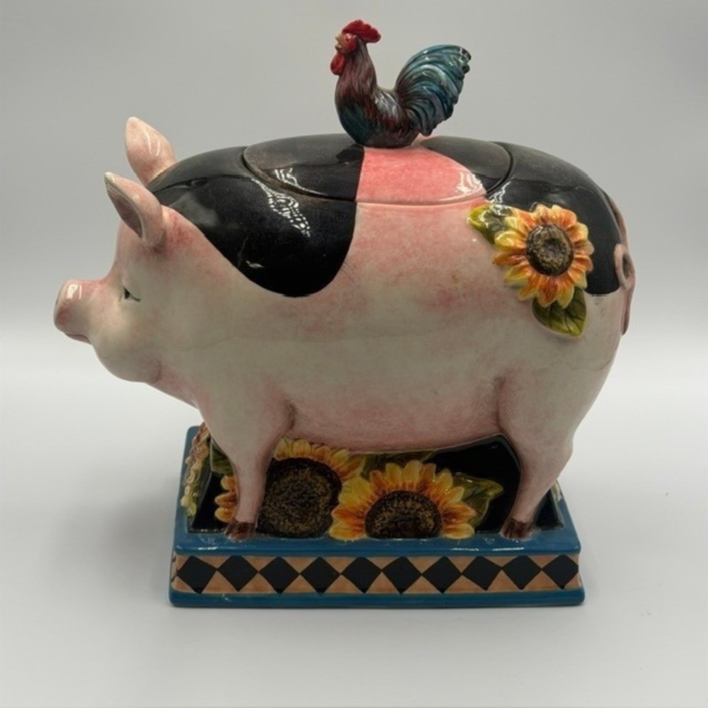 Farmhouse Pig Ceramic Cookie Jar with Rooster Finial and Sunflower Detail